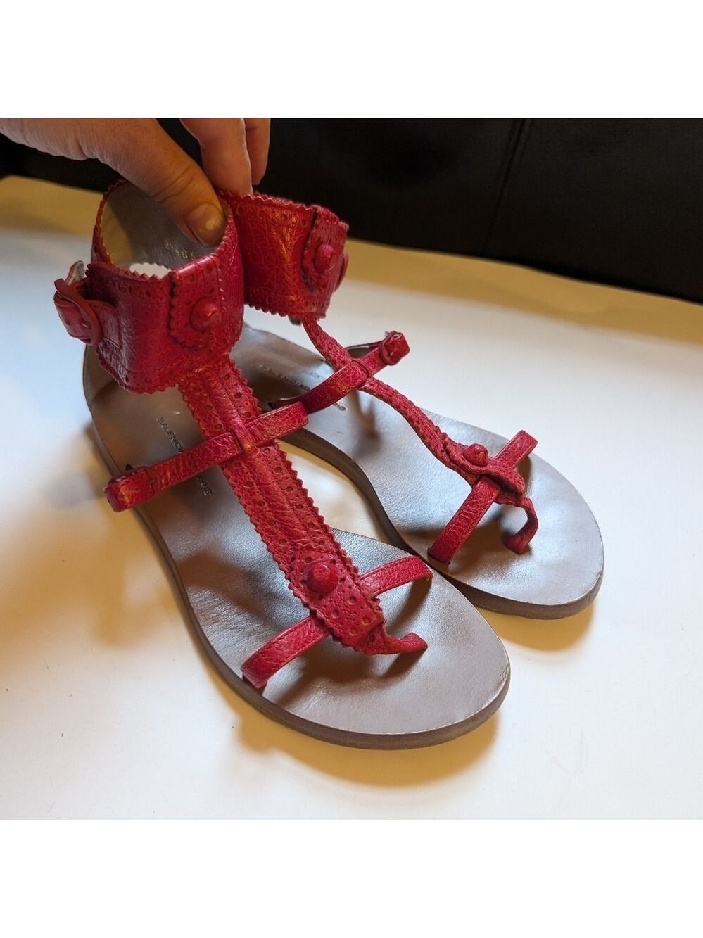 Balenciaga Red Brogue Leather Flat Thong Sandals Size 36 in VGUC